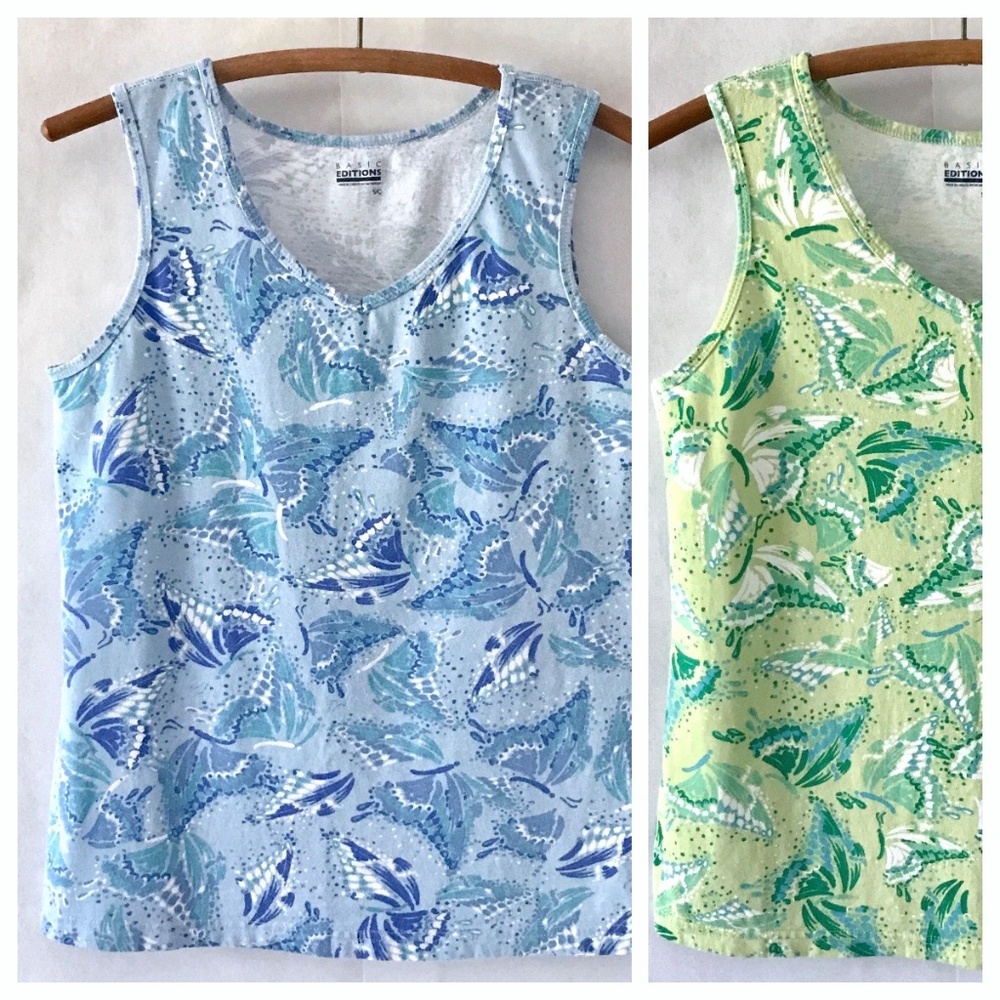 3/$15 Basic Editions Blue & Green Butterfly Patterned Tank Tops